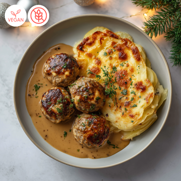 Boulettes véganes, gratin dauphinois crémeux et sauce gravy aux champignons