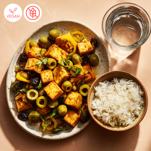 poulet ou tofu au citron confit et olives, préparation de repas prêt à manger véganes et végétariens livrés à domicile par Papa Cuisine