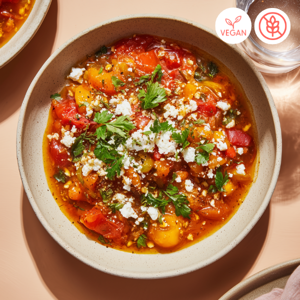 tchoutchouka aux poivrons, riche en protéines livraison plats véganes à domicile par Papa Cuisine à Montréal