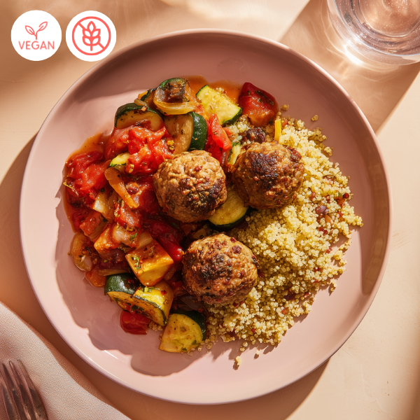 boulettes véganes, sauce crémeuse aux champignons, plats préparés véganes livraison à domicile par Papa Cuisine