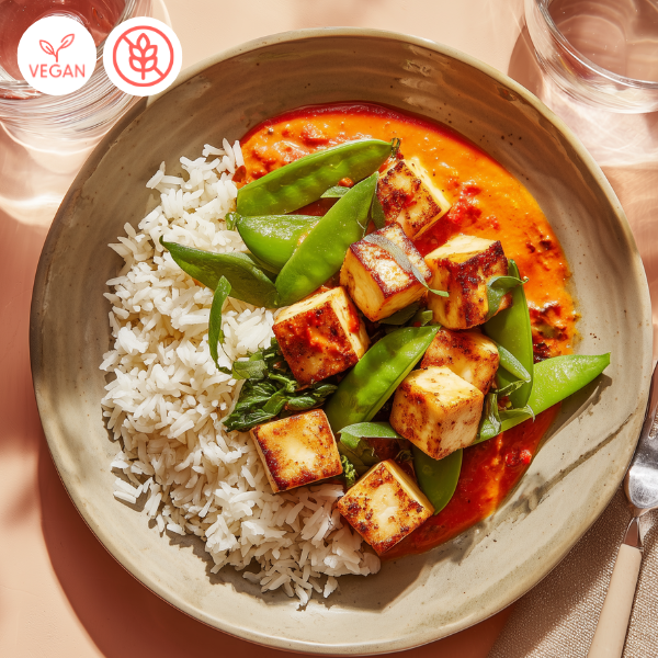 tofu ou poulet sauce aux poivrons rôtis, livraison repas véganes et végétariens à Montréal par Papa Cuisine