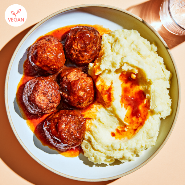 boulettes véganes, sauce BBQ et purée boulettes véganes, sauce BBQ et purée
