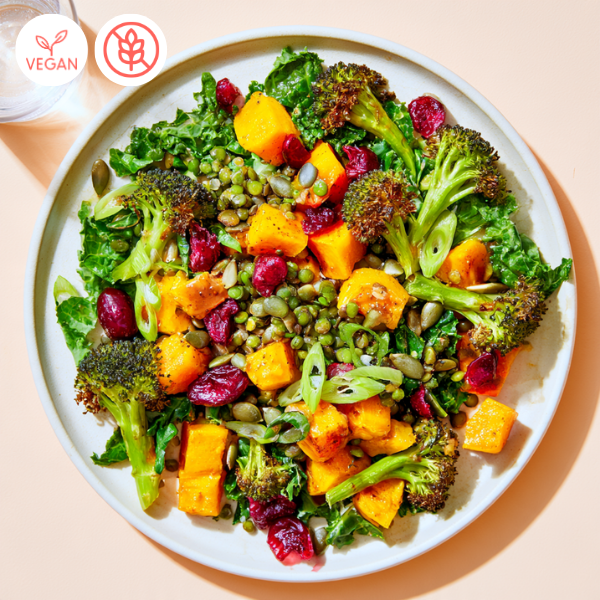 Salade de courge rôtie, lentille verte & kale, vinaigrette balsamique à l’érable